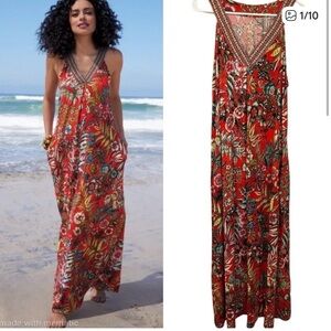 Soft Surroundings Onani Red Tropical Floral Sleeveless Maxi Dress w/ Pockets